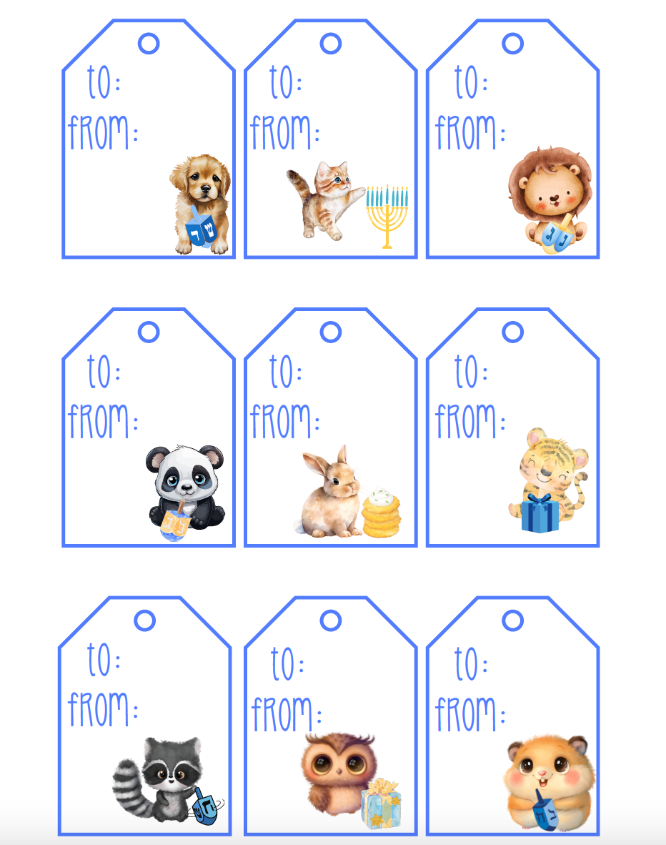 Animal Hanukkah Printable Gift Tags