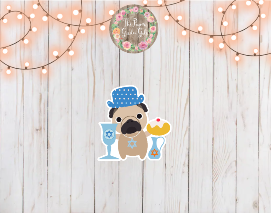 Hanukkah Pug with a Donut Holographic Vinyl Sticker