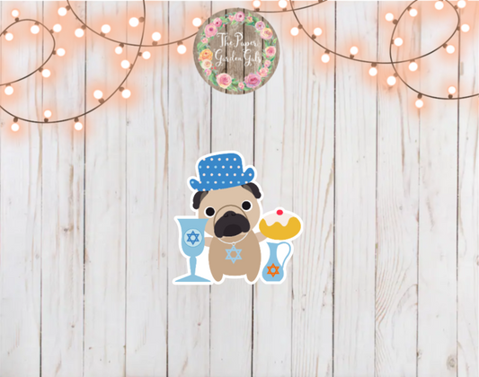 Hanukkah Pug with a Donut Holographic Vinyl Sticker