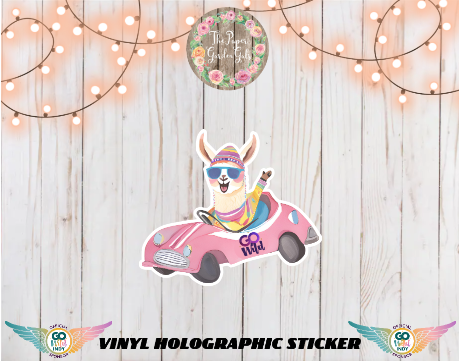 Llama in Race Car Vinyl Holographic Sticker