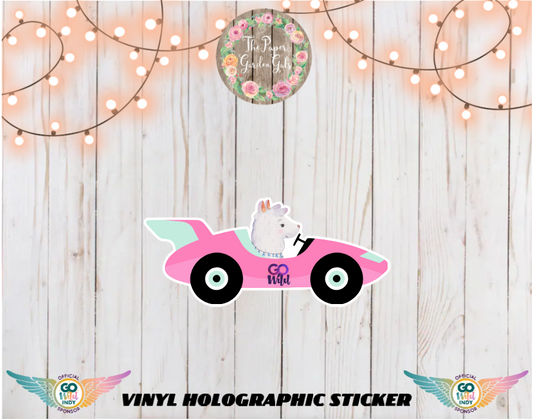 Llama in Race Car Vinyl Holographic Sticker