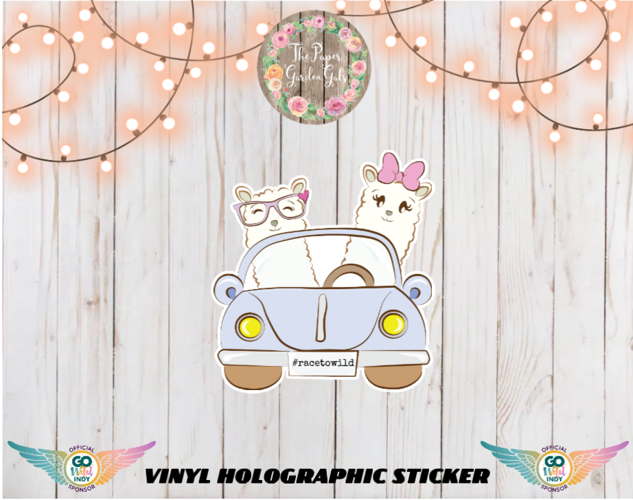 Llama Friends in Race Car Vinyl Holographic Sticker