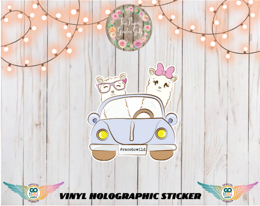 Llama Friends in Race Car Vinyl Holographic Sticker
