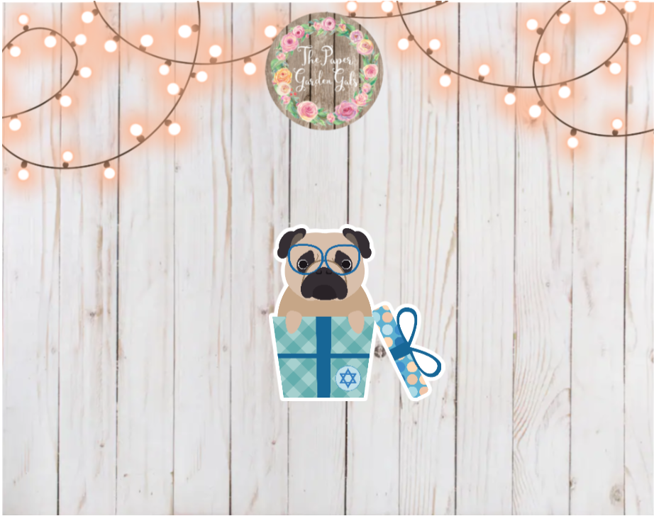 Hanukkah Pug in Present Holographic Vinyl Sticker