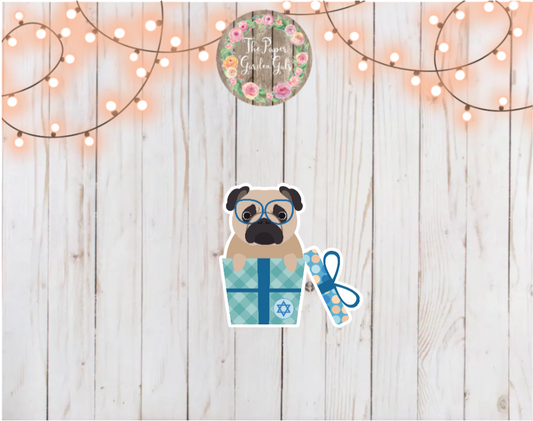 Hanukkah Pug in Present Holographic Vinyl Sticker