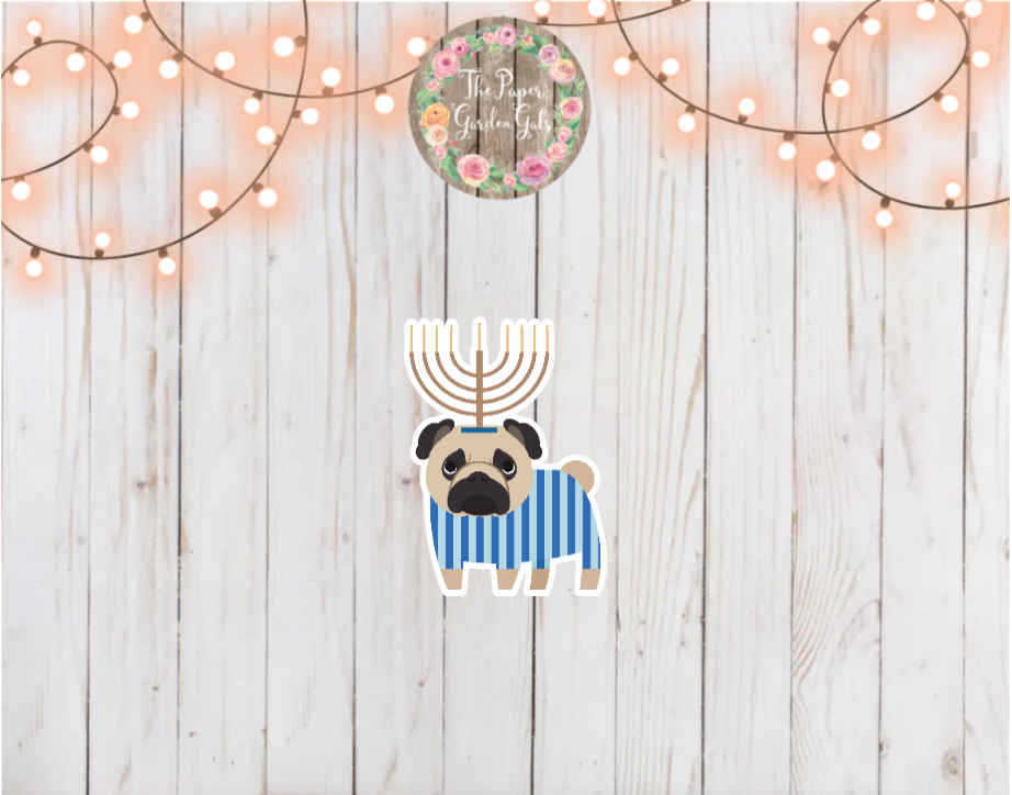 Hanukkah Pug with Menorah Holographic Vinyl Sticker