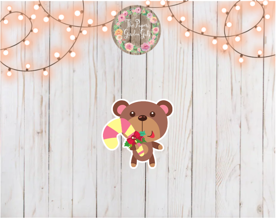 Holiday Bear with Candy Cane Holographic Vinyl Sticker
