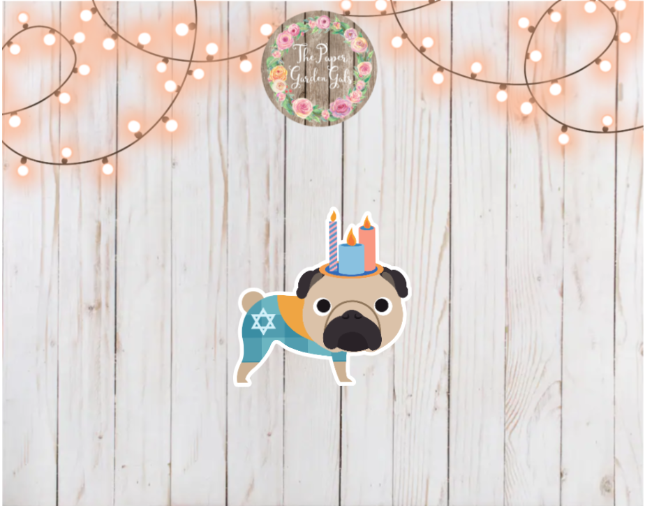 Hanukkah Pug with Candles Holographic Vinyl Sticker