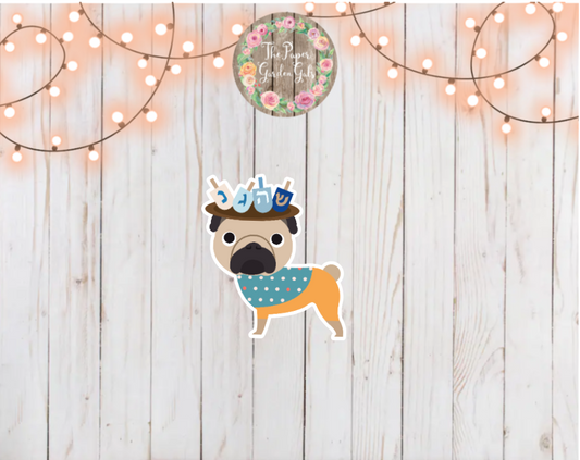 Hanukkah Pug with Driedels Holographic Vinyl Sticker