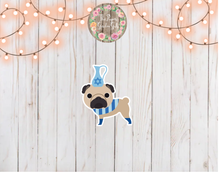 Hanukkah Pug with Vase Holographic Vinyl Sticker