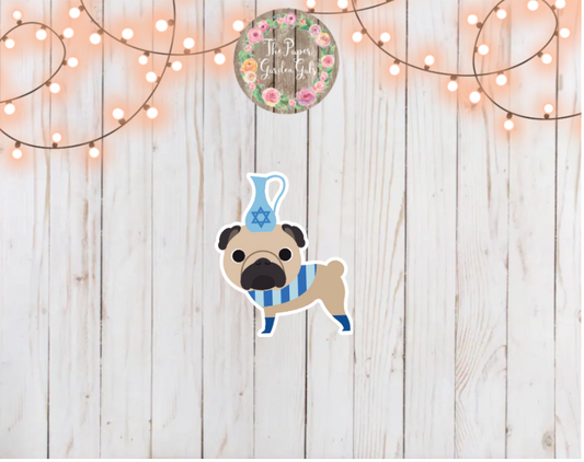 Hanukkah Pug with Vase Holographic Vinyl Sticker