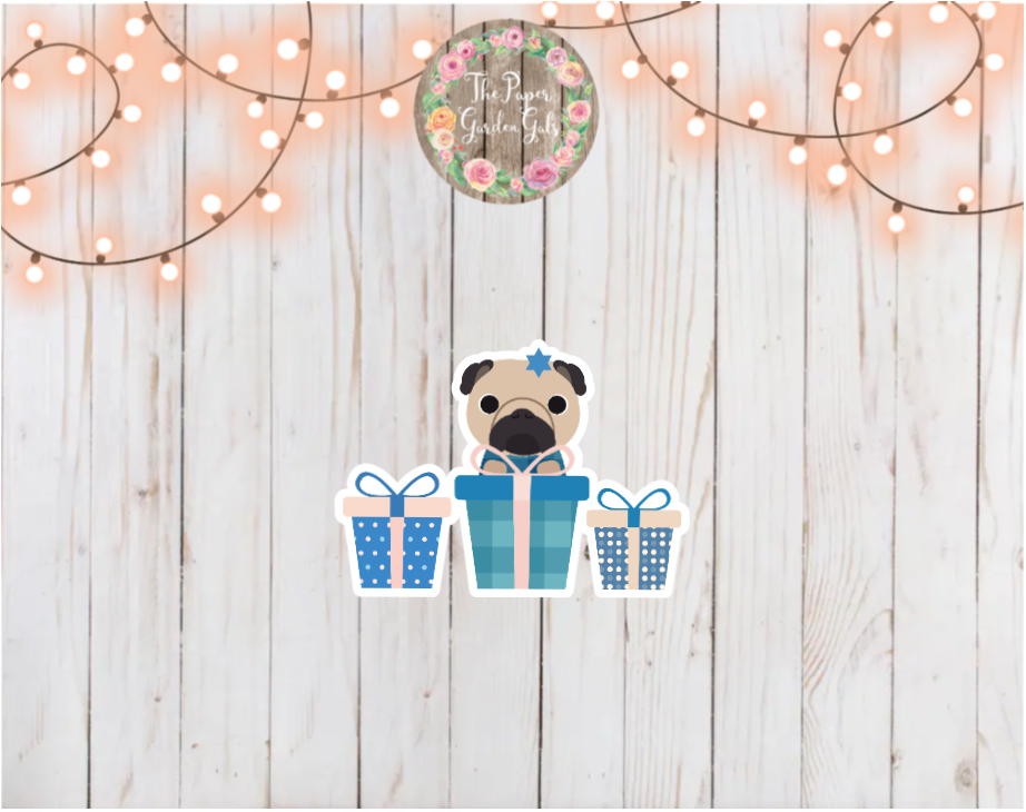 Hanukkah Pug with Presents Holographic Vinyl Sticker