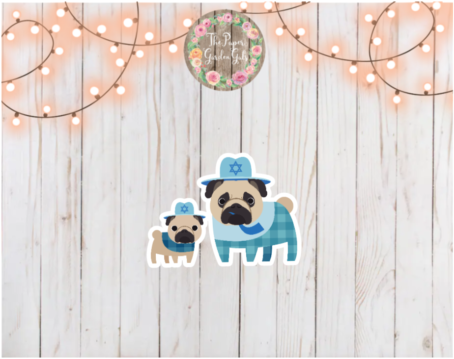 Hanukkah Pugs with Hats Holographic Vinyl Sticker