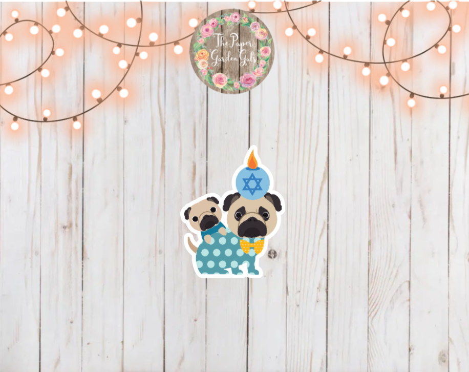 Hanukkah Pugs with Candle Holographic Vinyl Sticker