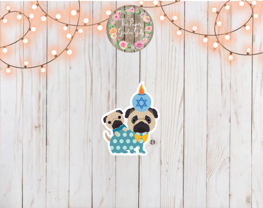 Hanukkah Pugs with Candle Holographic Vinyl Sticker