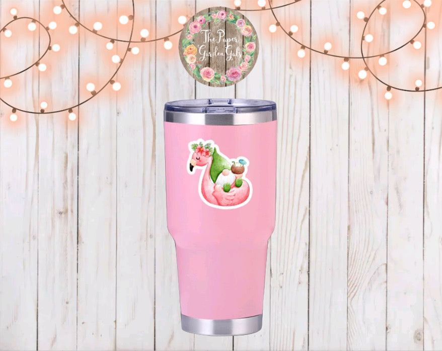 Green Hat Gnome on a Flamingo Raft Vinyl Sticker