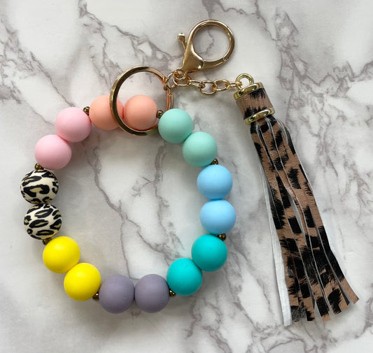 Colorful Wristlet Keychain with Leopard Tassel