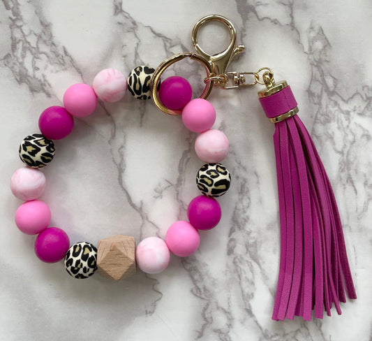 Leopard Accent Wristlet Keychain with Pink Tassel