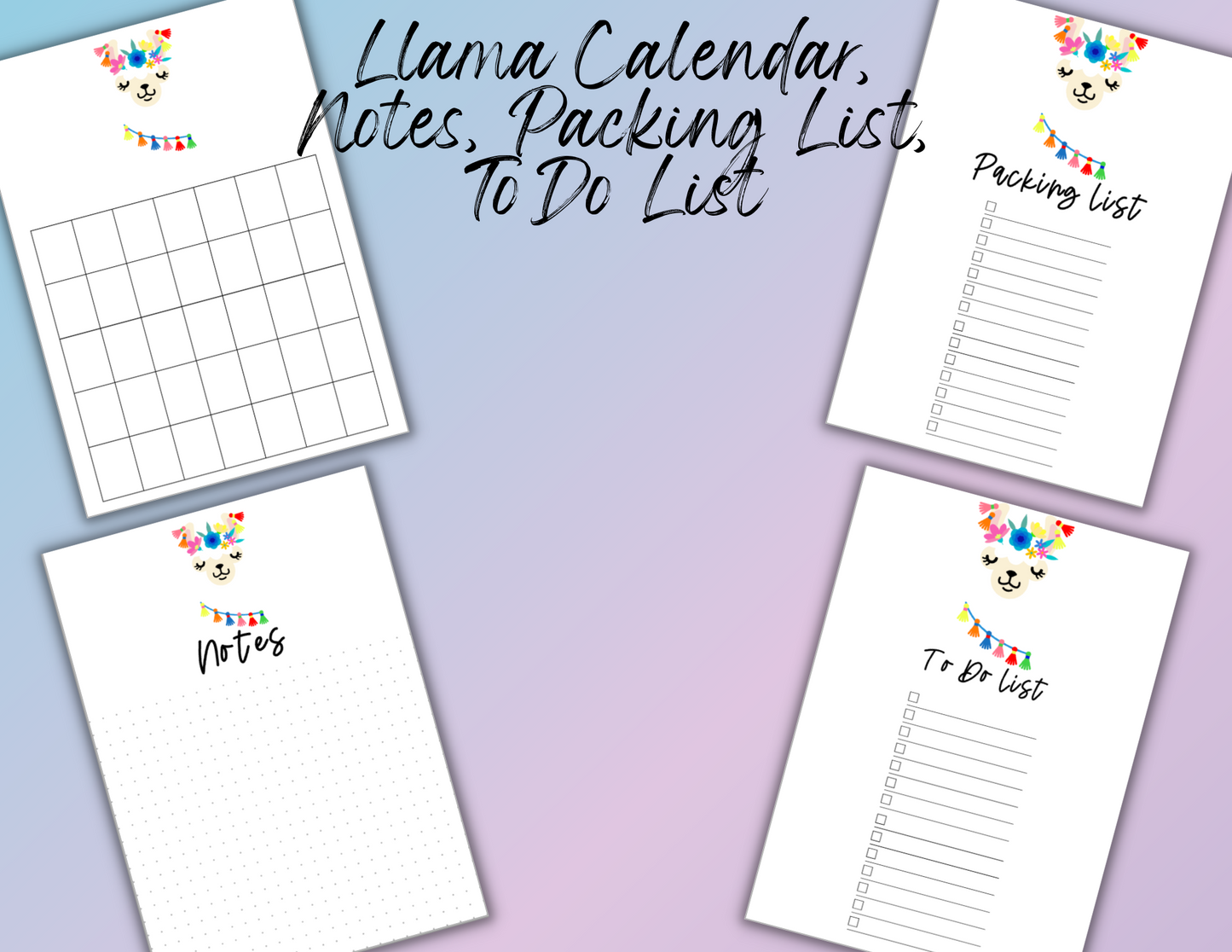 Go Wild Llama B6 Printable Calendar, Notes, Packing List and To Do List