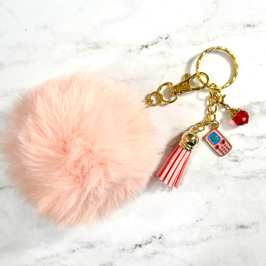 Light Pink Pom Pom Keychain with Phone Charm