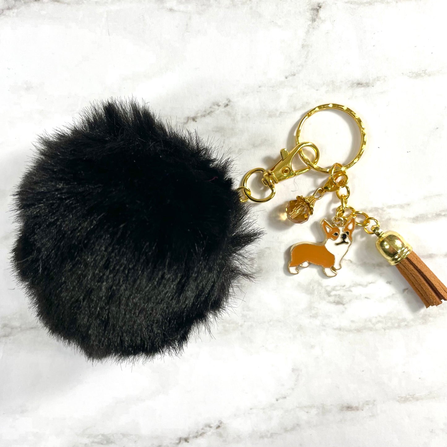 Black Pom Pom Keychain with Corgi Charm