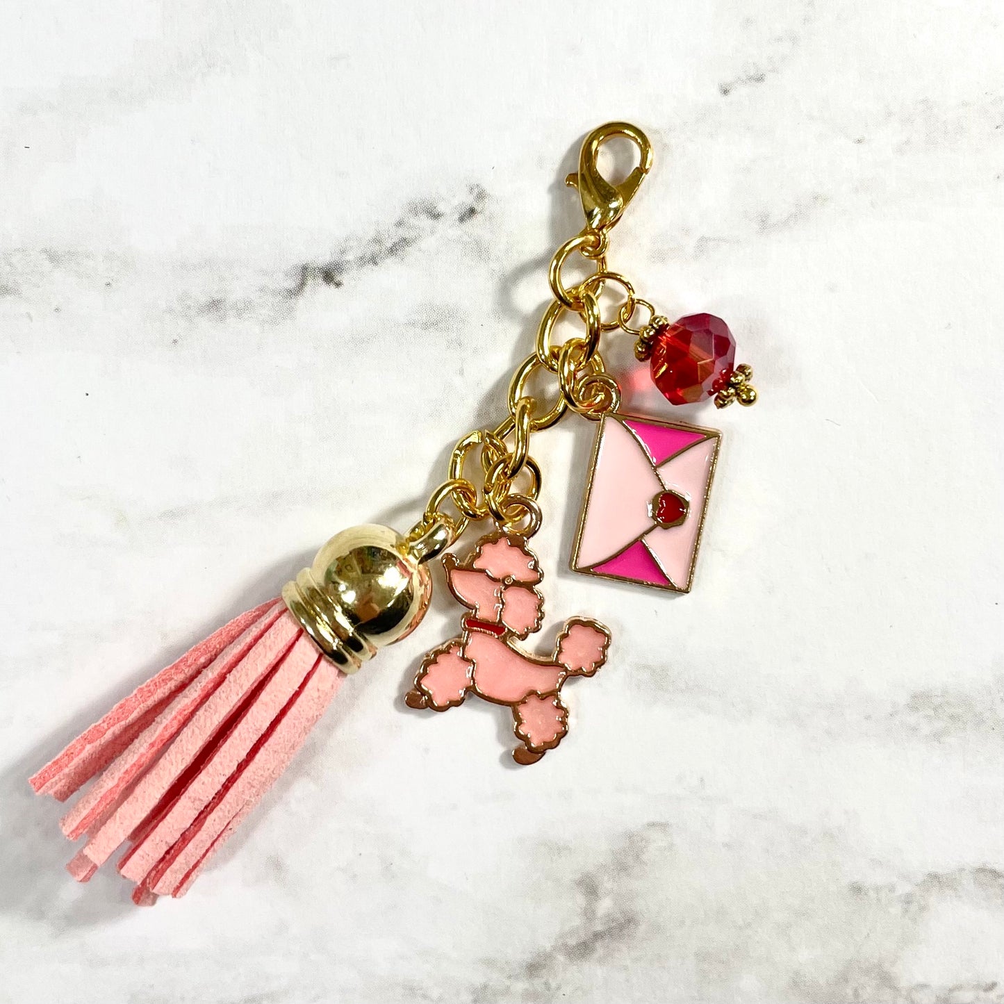 Pink Tassel Dangle Charm with Poodle and Envelope