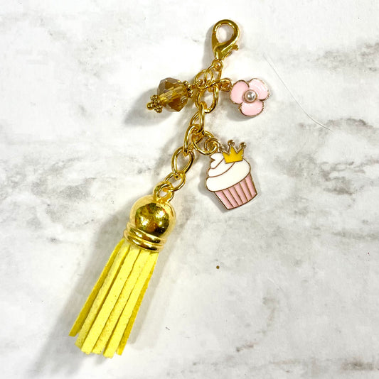Yellow Tassel Dangle Charm with Cupcake and Flower