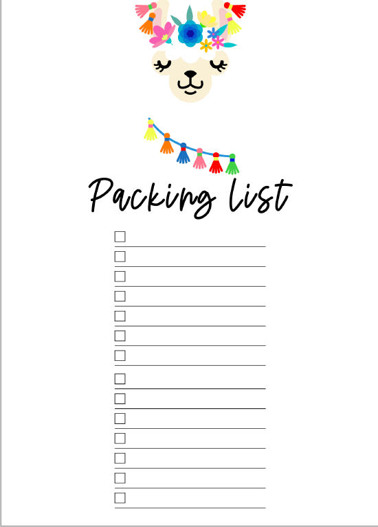 Go Wild Llama B6 Printable Calendar, Notes, Packing List and To Do List