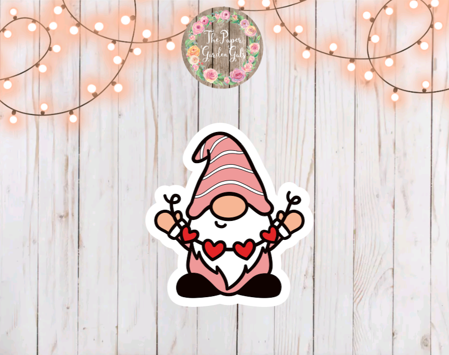 Pink Gnome with Hearts Vinyl Holographic Sticker