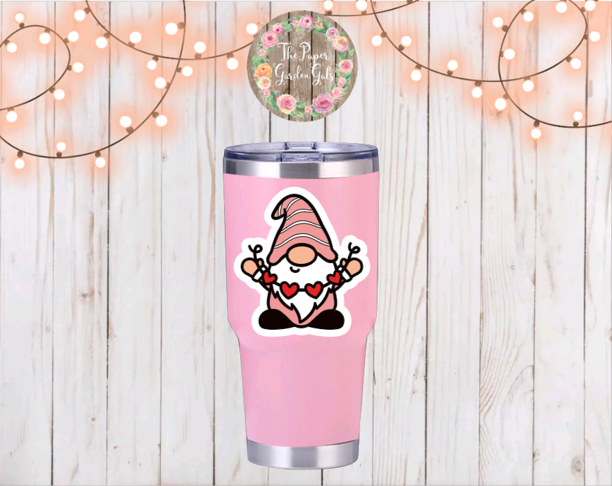 Pink Gnome with Hearts Vinyl Holographic Sticker