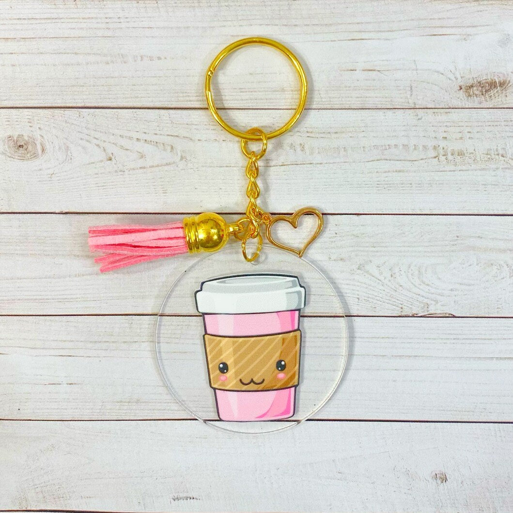 Pink Coffee Cup with Kawaii Face Acrylic Keychain | Coffee Lover | Coffee | Teacher Fuel | Coffee Addict