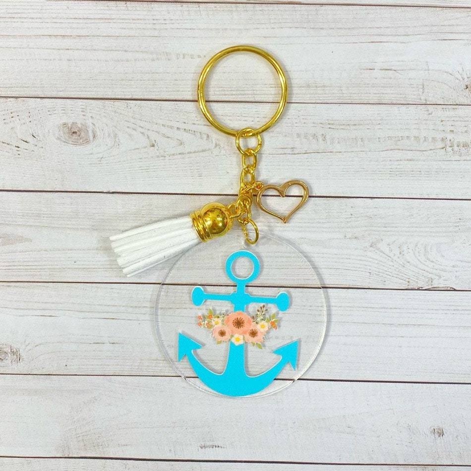 Anchor Acrylic Keychain with Heart Charm | Nautical | Anchors Away