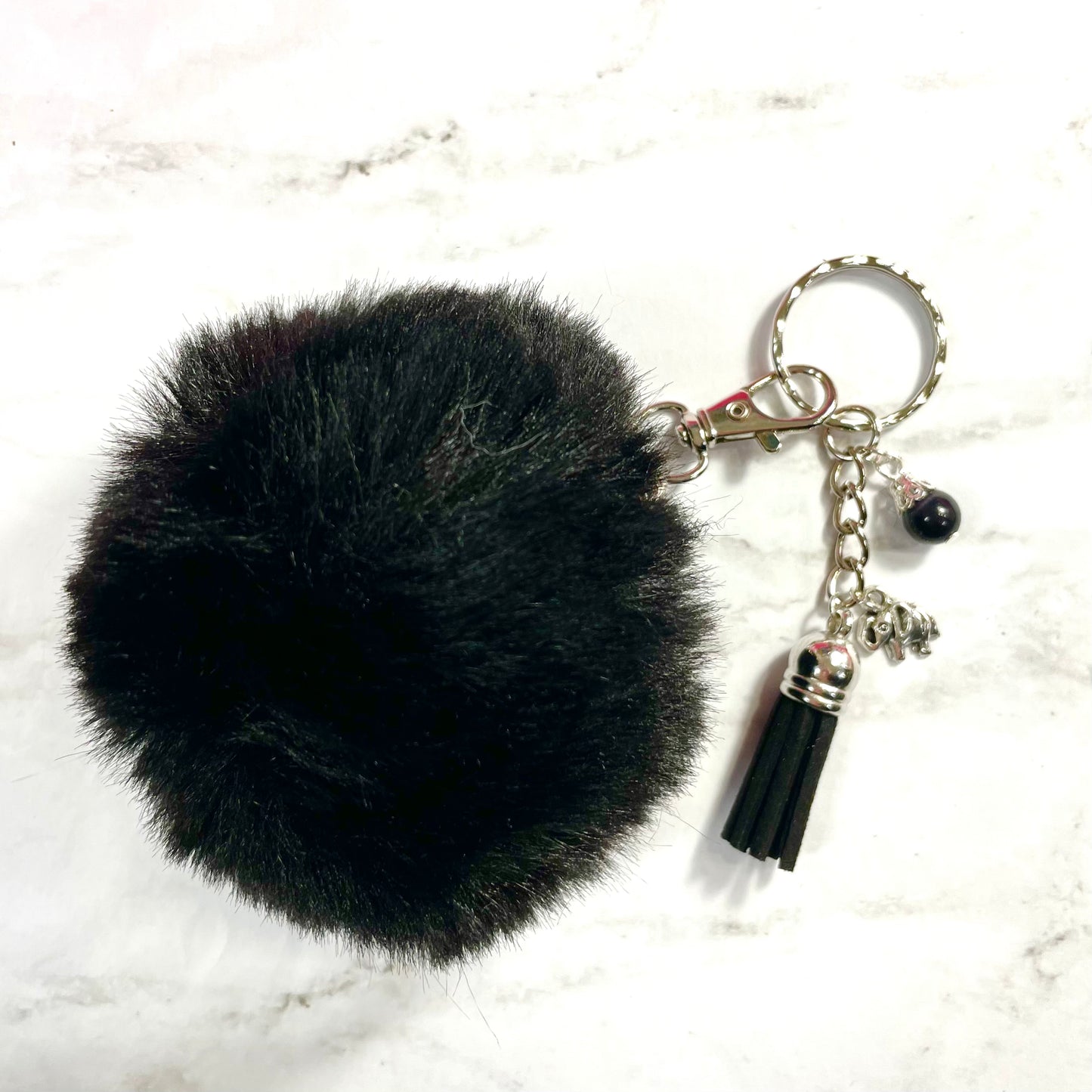 Black Pom Pom Keychain with Elephant Charm