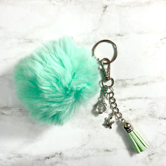 Teal Pom Pom Keychain with Turtle Charm