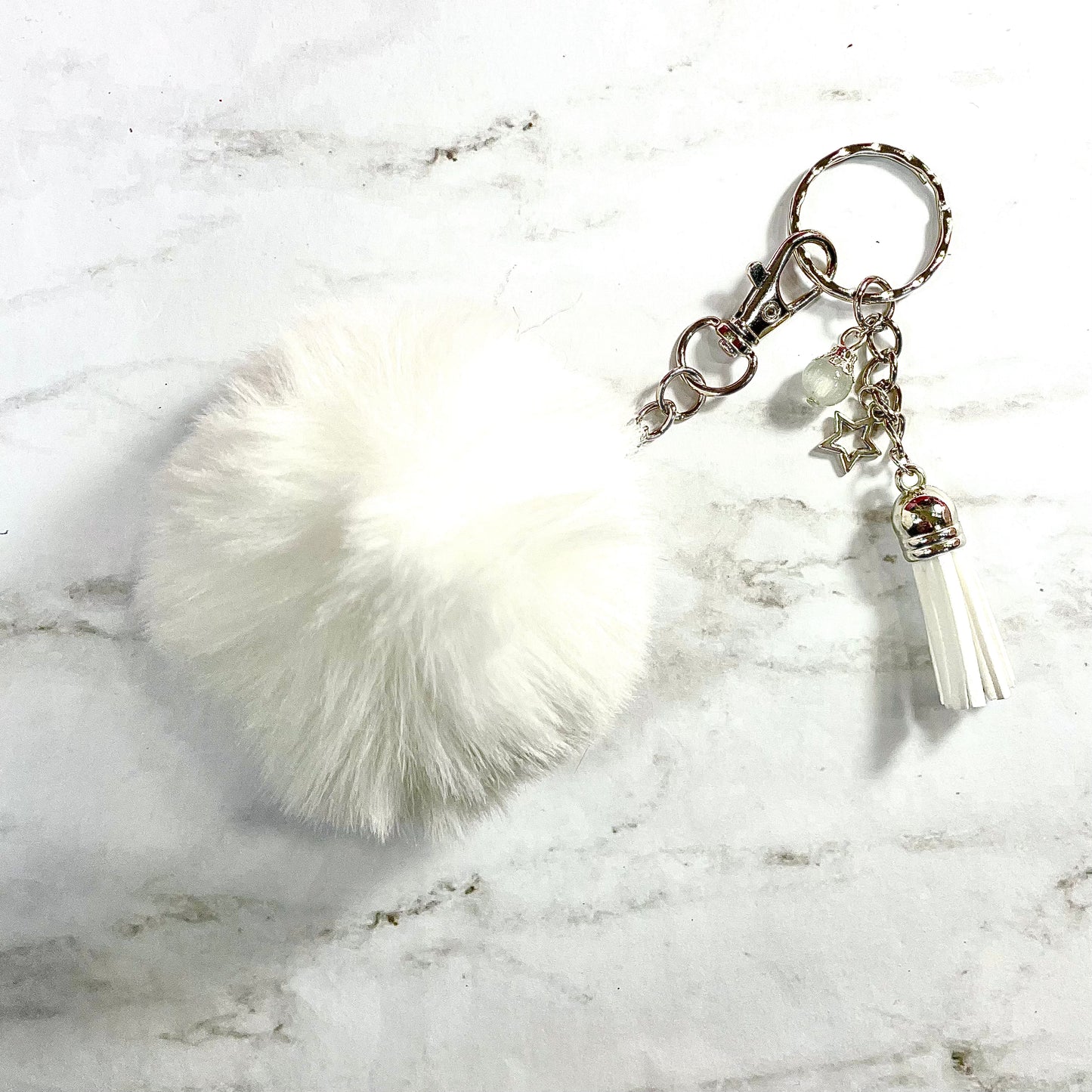 White Pom Pom Keychain with Star Charm