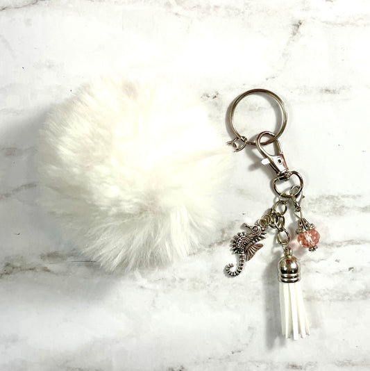 White Pom Pom Keychain with Seahorse Charm