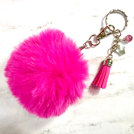 Hot Pink Pom Pom Keychain with Crown Charm