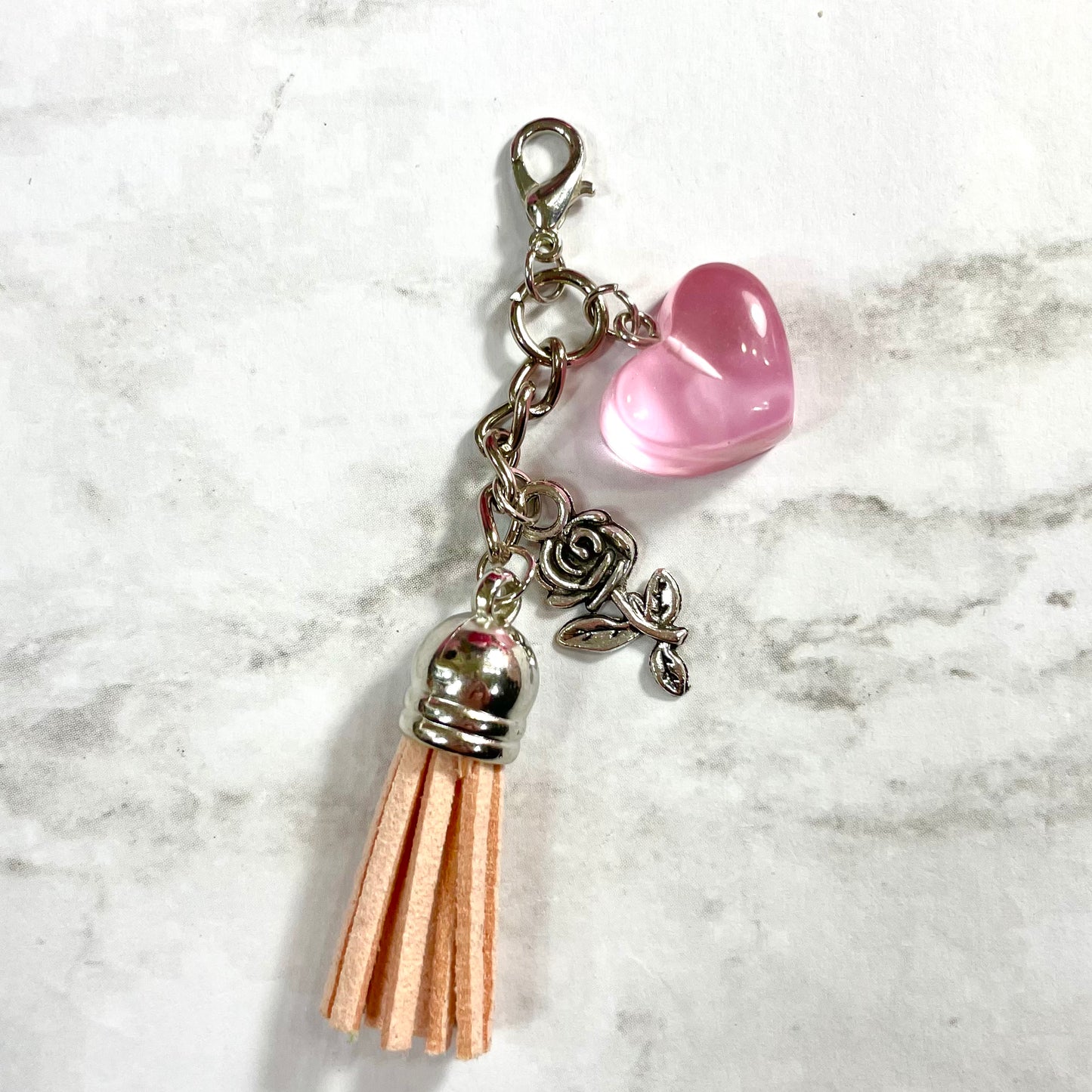 Light Pink Tassel Dangle Charm with Rose and Heart